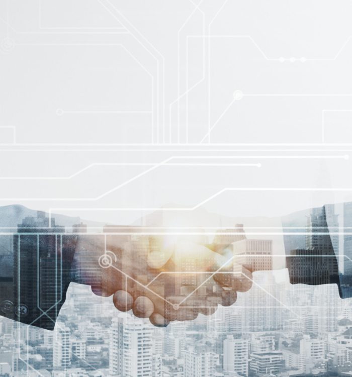 Business partners handshake global corporate with technology concept